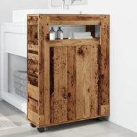 Badkamerkast smal met wielen bewerkt hout oud houtkleurig - thumbnail