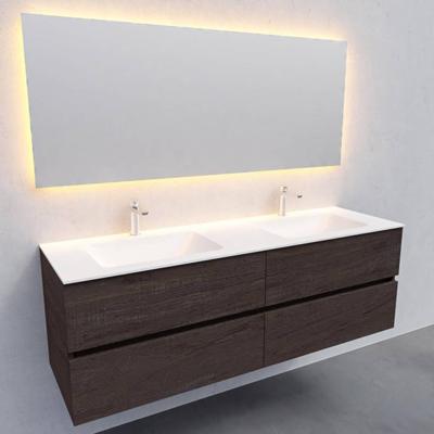 Badkamermeubel Solid Surface BWS Oslo 150x46 cm Dubbel Wood Dark Brown 4 Laden (2 kraangaten) Badkamermeubel Solid Surface BWS Oslo 150x46 cm Dubbel Wood Dark Brown 4 Laden (2 kraangaten)
