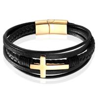 Mendes Jewelry Roestvrijstalen en Echt Lederen Heren Armband met Groot Kruis in Zwart en Goud-19cm - thumbnail