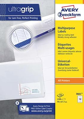Avery-Zweckform 3661 Universele etiketten 70 x 67.7 mm Papier Wit 1200 stuk(s) Permanent hechtend Laser (kleur), Laser (zwart/wit) Avery-Zweckform 3661 Universele etiketten 70 x 67.7 mm Papier Wit 1200 stuk(s) Permanent hechtend Laser (kleur), Laser (zwart/wit)