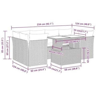 7-delige Loungeset met kussens poly rattan beige