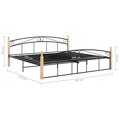Bedframe metaal en massief eikenhout zwart 200x200 cm