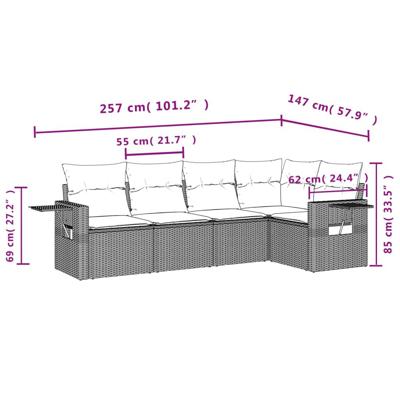 5-delige Loungeset met kussens poly rattan beige - thumbnail