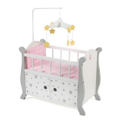 Houten Poppen ledikantje met mobiel - Grey Stars Houten Poppen ledikantje met mobiel - Grey Stars