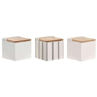 Zoutvaatje met deksel Home ESPRIT Wit Bamboe Keramiek 11 x 11 x 11 cm (3 Stuks)