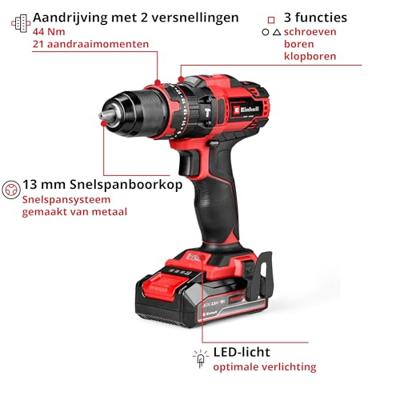 Einhell TE-CD 18/44 Li-i (1x2,5Ah) Power X-Change Accu-klopboor/schroefmachine 2 snelheden Incl. accu, Incl. lader Einhell TE-CD 18/44 Li-i (1x2,5Ah) Power X-Change Accu-klopboor/schroefmachine 2 snelheden Incl. accu, Incl. lader