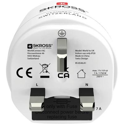 SKROSS 1.500231C-E, combi-wereld naar Groot-Brittannië | Universele reisadapter van de wereld naar het Verenigd Koninkrijk. Spanning en vermogen: 100 V - 1300 W / 250 V - 3250 W