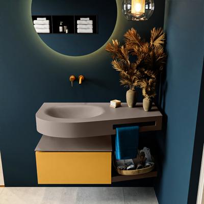 MONDIAZ RIVA 100cm badmeubel onderkast / planchet kleur Ocher met 1 lade. Wastafel DULCET links 0 kraangaten kleur Smoke.