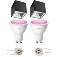 Pragmi Cliron Pro - Opbouw Vierkant - Mat Zwart/zilver - Verdiept - 90mm - Philips Hue - Opbouwspot Set Gu10 - White And - thumbnail