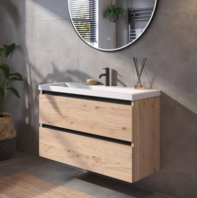 Saqu Gaia ondiep badmeubel incl. glans witte wastafel 100x40x64cm naturel eiken - zwarte greeplijst