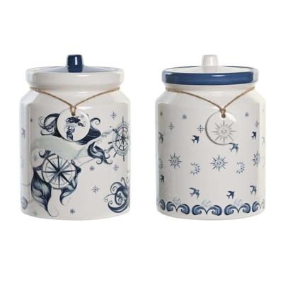 Tin DKD Home Decor Blauw 15 x 15 x 21 cm Wit Dolomite (2 Stuks)