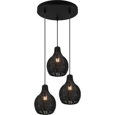 Zwarte LED Hanglamp met Houten Details - 3-lichts E14 Fitting