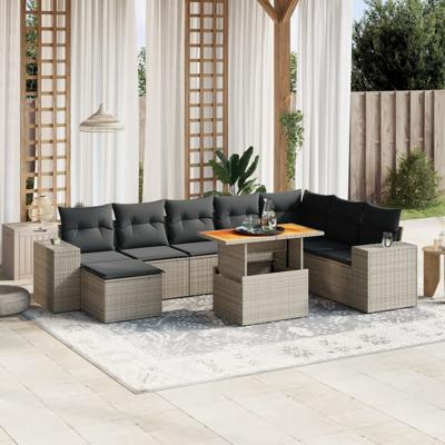 9-delige Loungeset met kussens poly rattan acacia grijs