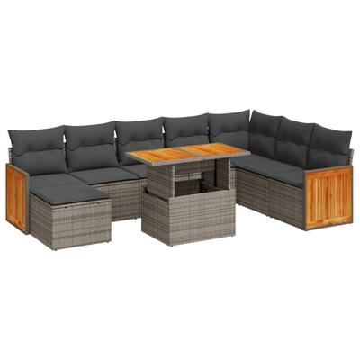 9-delige Loungeset met kussens poly rattan acacia grijs