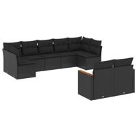 9-delige Loungeset met kussens poly rattan zwart - thumbnail