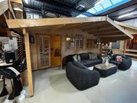 Tuindeco Piet blokhut 595x300 cm + luifel 200 cm - inclusief zwarte dakshingles, dakgoot, binnenvloer en composiet funderingsbalken - Showmodel Numansdorp- Zadeldak- Onbehandeld vurenhout- Tuindeco - thumbnail