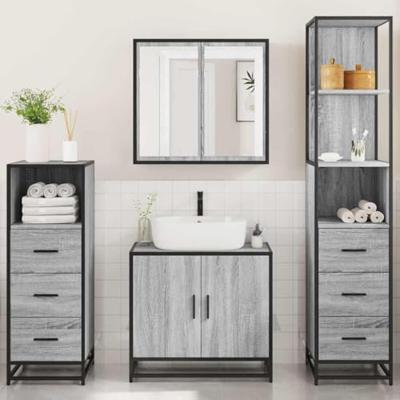 4-delige Badkamermeubelset bewerkt hout grijs sonoma eikenkleur