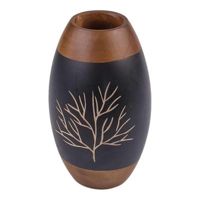 Houten Vaas met Gegraveerde Tree of Life in Bruin/Zwart