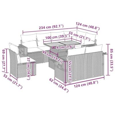 9-delige Loungeset met kussens poly rattan grijs