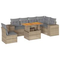 7-delige Loungeset met kussens poly rattan beige - thumbnail