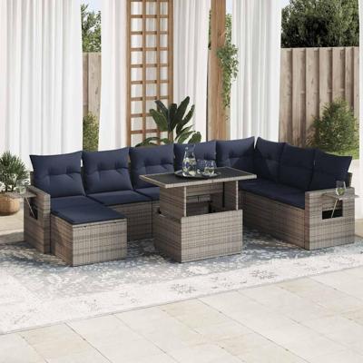 9-delige Loungeset met kussens poly rattan acacia grijs