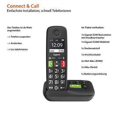 Gigaset E290A DECT/GAP Draadloze DECT-telefoon Compatibel voor hoorapparatuur, Antwoordapparaat, Handsfree, Babyfoon Zwart