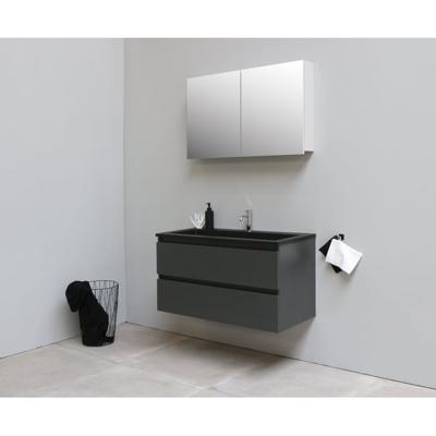 On-Line Badkamermeubelset - 100 cm - Voorgemonteerd - Ladestructuur - Acryl Wastafel - 1 Kraangat - Spiegelkast - Mat Antraciet