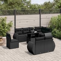 9-delige Loungeset met kussens poly rattan zwart - thumbnail