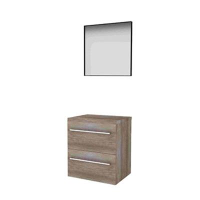 Basic-Line Framed 46 Badkamermeubelset - 60 x 46 cm - Met Grepen - 2 Lades - Wastafelblad - Spiegel met Zwart Aluminium Frame - Scotch Oak