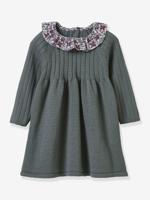 Jurk in gebreide trui met kraag in Liberty stof baby CYRILLUS olijf - thumbnail