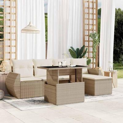 6-delige Loungeset met kussens poly rattan beige