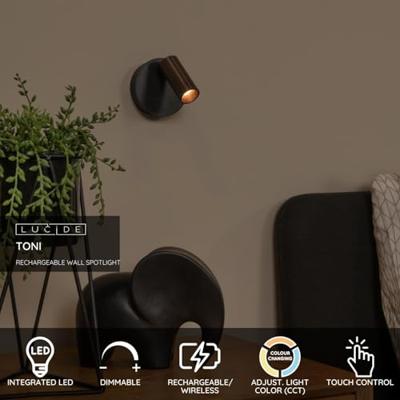 Lucide TONI - Oplaadbare Wandspot / Wandlamp - Accu/Batterij - Ø 8,1 cm - LED Dimb. - CCT - 1x2W 2700K/4000K - Magnetisch - Koffie