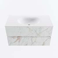MONDIAZ VICA 90cm badmeubel onderkast Carrara 2 lades. Wastafel MOON midden 1 kraangat, kleur Talc. - thumbnail