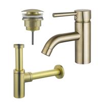 Fortifura Calvi Wastafelkraanset - lage wastafelkraan - klikwaste plug - design sifon - Geborsteld Messing PVD (Goud) SW720547/SW696202/SW696213 - thumbnail