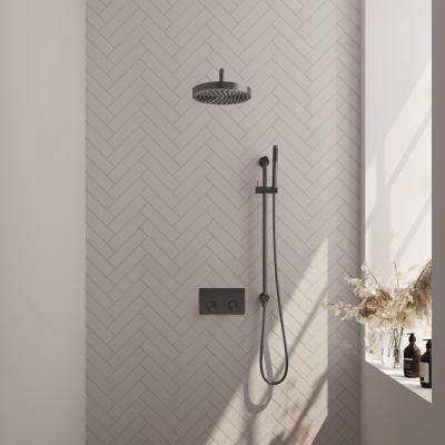 Brauer Stripe thermostatische inbouw regendouche met drukknoppen SET 32 met 25 cm douchekop en gebogen muurarm en staaf handdouche en doucheslang en geintegreerde glijstang gunmetal geborsteld PVD