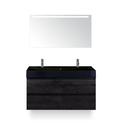 Maxx XL Badmeubelset 120 cm - Black Oak - Wastafel Kube Enkel Zw 2 kraangaten - met LED Spiegel
