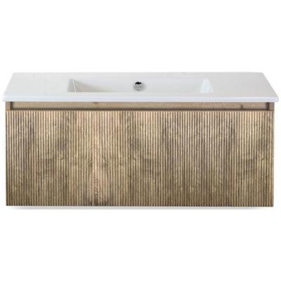 Frozen 3D Badmeubelset 100 cm - Greeplijst in Kleur - French Oak - Keramische Wastafel Wit Zonder Kraangat