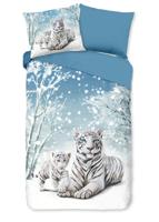 Good Morning Kinderdekbedovertrek "witte tijger in winterthema" - Blauw - (140x200/220 cm) - Katoen Flanel - thumbnail