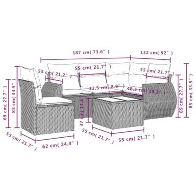 6-delige Loungeset met kussens poly rattan bruin