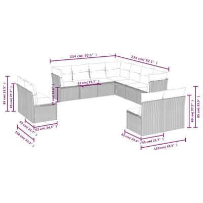11-delige Tuinset met kussens poly rattan beige