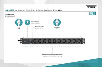 Digitus DN-95404 19 inch Stekkerdoos voor patchkast 1 HE Apparaatcontactdoos C13 10A Zwart