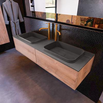 Badkamermeubelset Mondiaz Erin 150 cm met 2 Lades met RIDGE Wastafel Dubbel Dark grey met 2 kraangaten Greeploos Mat Washed Oak