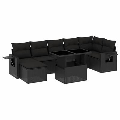 8-delige Loungeset met kussens poly rattan zwart - thumbnail