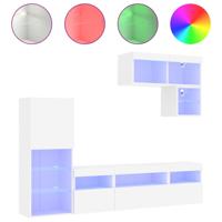6-delige Tv-wandmeubelset met LED-verlichting bewerkt hout wit - thumbnail
