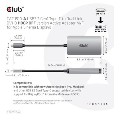 Club 3D USB 3.2 Gen1 type-C naar DVI-D HDCP off version adapter Club 3D USB 3.2 Gen1 type-C naar DVI-D HDCP off version adapter