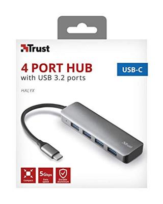 Trust Halyx Usb-C Naar 4-Poorts Usb-A 3.2 Gen1-Hub, Grijs