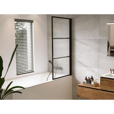 Badwand met Klapdeur Riho Grid 80x150 cm 6 mm Helderglas Zwarte Profielen Rechts Riho