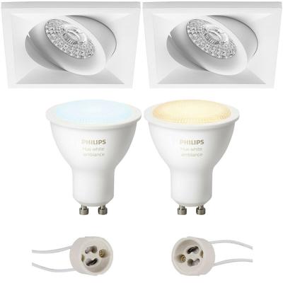 GU10 Inbouwspot Set - Mat Wit - Inbouw Vierkant - Kantelbaar - Philips Hue - White Ambiance - Bluetooth - Pragmi Qiundo Pro - 80mm