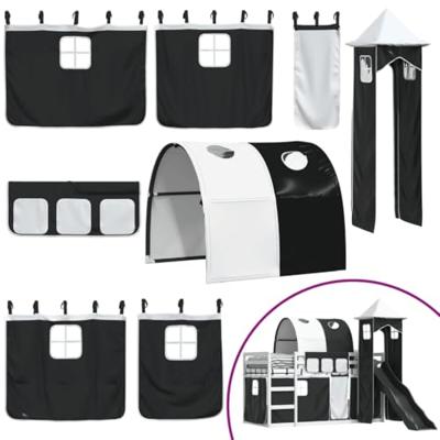 Stapelbed met glijbaan en gordijnen wit en zwart 90x190 cm