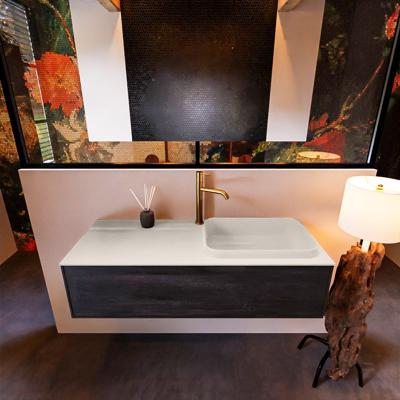 Badkamermeubelset Mondiaz Erin 120 cm met 1 Lade met RIDGE Wastafel Rechts Linen met 1 kraangat Greeploos Mat Dark Brown